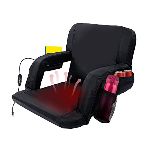 LILYPELLE Heated Stadium Seats for Bleachers with Back Support and 2 Hooks, Arm Support, 4 Storage Pockets – Bleacher Chairs with 3 Level Heating - USB Heated Camping Chair