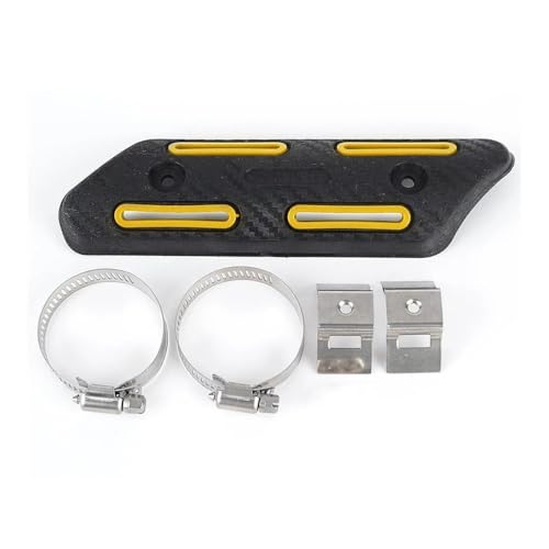 Protection silencieux moto jaune avec bouclier thermique et protection du talon pour échappement