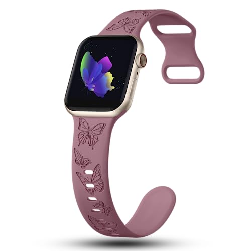 Image of Butterfly Engraved Bands Compatible with Apple Watch Band 41mm 40mm 38mm 49mm 46mm 49mm 46mm 45mm 44mm 42mm Women, Silicone Sport Strap for iWatch Series SE 10 9 8 7 6 5 4 3 2 1 SE Ultra
