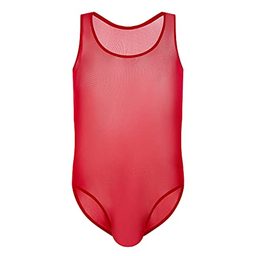 Men See-Through Wrestling Singlet Mesh Suspender Jockstrap Bodysuit Thongs Sexy Fishnet Leotard Briefs Underwear (Red,X-Large)