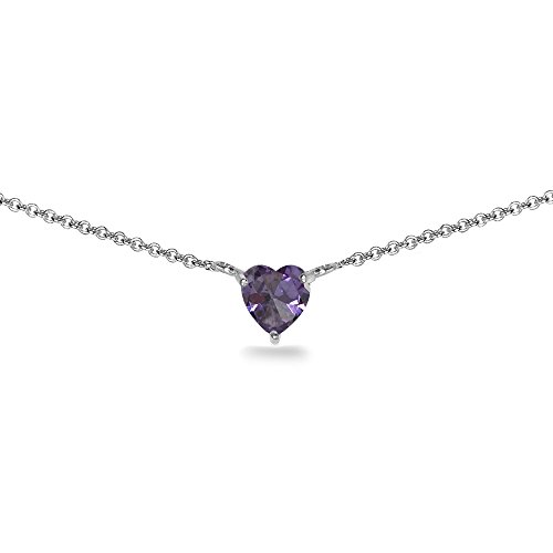 Birthstone Necklace for Women - Genuine or Synthetic Gemstone, 7mm Heart Solitaire, Short Dainty Layered Choker, Silver