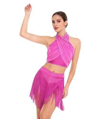 Tenue de danse latine rose fuchsia XXL avec crop top pailleté et jupe à franges pour rumba et samba