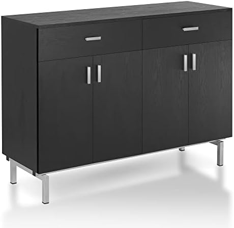 HOMES: Inside + Out Brysin Modern 48 in. Buffet Server, Sideboard with Removable Wine Holder, 2 Drawers On Metal Glides and Two Doors Bottom Cabinet for Kitchen, Dining Room, Large, Black