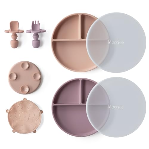 Moonkie 2pc Silikon Kinderteller mit Deckel, Baby teller mit Saugnapf, BPA-freie Rutschfest Geteilte Geschirr Set mit Gabeln und Löffel, Mikrowellen und Spülmaschinenfest(Blush/Pale Mauve)