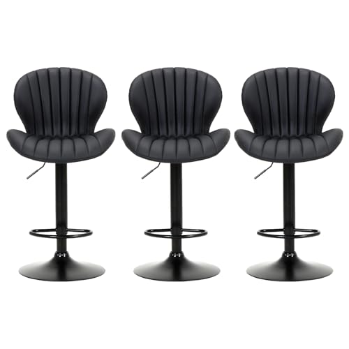 Image of COLAMY Bar Stools Set of 3, Modern Swivel Bar Chairs, Adjustable Faux Leather Upholstered Barstools Counter Height with High Backrest for Bar, Kitchen Island, Dining Room, Black