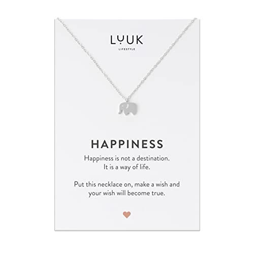 LUUK LIFESTYLE Necklace for women with elephant pendant and HAPPINESS gift card, chic and modern jewelry, stainless steel, feminine fashion for festival, special occasions, trendy look, silver