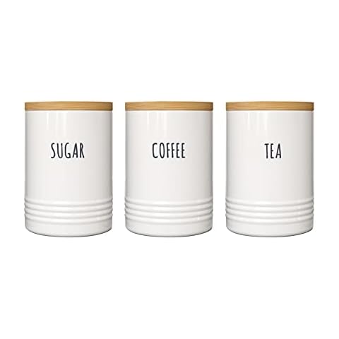Karisky Kitchen Canister Jars with Airtight Bamboo Lids, Metal Farmhouse Decorative Coffee Sugar Tea Storage Containers for Kitchen Counter, Set of 3, 7 x 5 Inch, White Cover