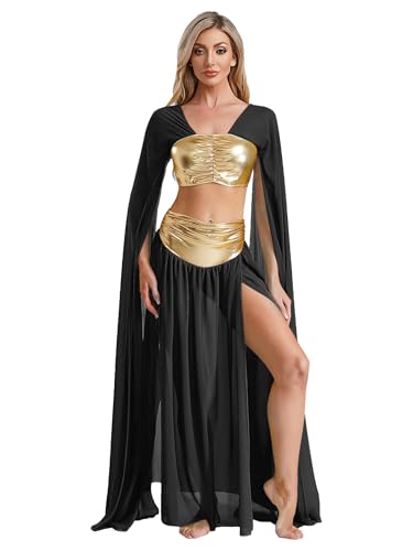 Yruioon Damen Kleopatra Kostüm Ägyptische Königin Kleid Metallic Langarm Crop Tops + Maxirock Halloween Karneval Ägyptische Verkleidung Schwarz S