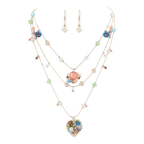 BriLove Handmade Strand Necklace for Women,Bohemian Boho Beaded Layered Heart Collar Statement Pendant Necklace for Summer Vacation Holiday Prom Jewelry