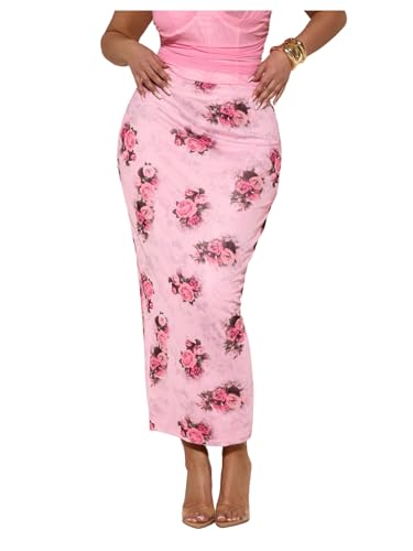 Floerns Women's Plus Size Boho Floral Print Pencil Skirt High Waisted Beach Bodycon Long Skirts