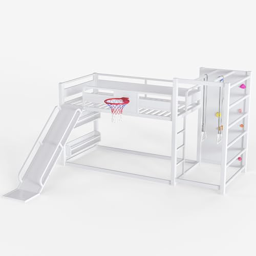 Image of Bellemave Bunk Bed Twin Over Twin with Slide, Basketball Hoop & Climbing Wall, Heavy Duty Metal Twin Bunk Beds for Kids with Guardrails, Low Bunk Bed for Bedrooms, No Box Spring Needed, White