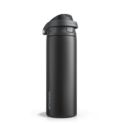 Image of ENCOOL Leakproof Insulated Water Bottle with Straw Dual-Sip Water Bottle Bag-Safe Design for Work, Commute & Gym - Keeps Drinks Cold All Day, 32 oz, Jet Black