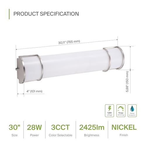 Image of ASD LED 30 inch Vanity Flush Mount Light Fixture, Linear Bathroom Lighting Bar | 3CCT, Dimmable, Energy Star, ETL Listed | 28W 2425LM 3000-5000K 120V | Long Bath Wall Sconce Over Mirror | Nickel, 4 Pack