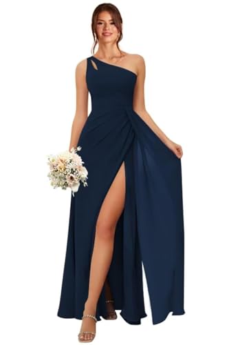 Rjer Women's One Shoulder Pleated Bridesmaid Dresses Long Chiffon A Line Evening Formal Dress with Slit