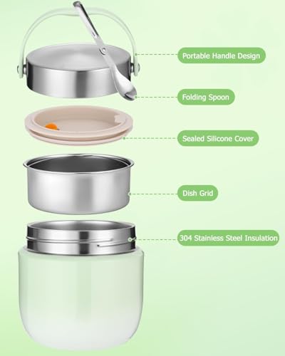 Image of Large Capacity Stainless Steel Lunch Jar 1200ml - Hot & Cold Thermal Food Container with Compartments, Portable Insulated Tiffin Box for Kids, Adults, Office, Camping & Outdoor Meals (Green)