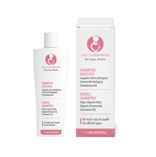 DERMOMAMMA Champú delicado uso frecuente con camomila, avena y lúpulo, cabello suave y brillante, apto embarazo y lactancia, vegano, natural, sin sulfatos ni parabenos, 250 ml