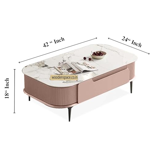 Image of WOODEN SPACE Premium Solo Marble-Top Wooden Center Table for Living Room | Iron Legs | PVD Coating | Modern Entryway Furniture | Coffee Table - 42X24X18 in (Pink)