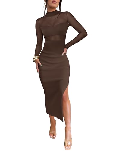 Caracilia Womens Mesh Dress Long Sleeve Mock Neck Bodycon Sheer Going Out Cocktail Night Club Midi Dresses 3 Piece Outfits Deep Brown