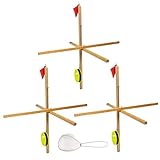 heiheiyo Tip Ups Ice Fishing 3Pcs Wooden Ice Fishing Tip Up with 1 Fishing Net and 50M Nylon String Heavy-Duty Ice Fishing Gear with High Visibility Flag Tip-Ups