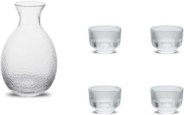 Sake Set, Clear Glass Sake Bottle,1 Cyrstal Clear Sake Bottle, 4 Sake Cups, Cold/Warm/Hot Sake Carafe, Special Japanese Gifts Set