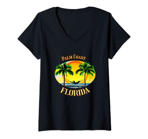 Mujer Palm Coast Florida Palm Trees Beach Vacaciones Camiseta Cuello V