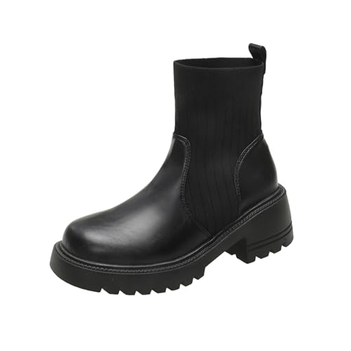 Bottines d'hiver pour femme talon bas bout rond patchwork élastique chaud