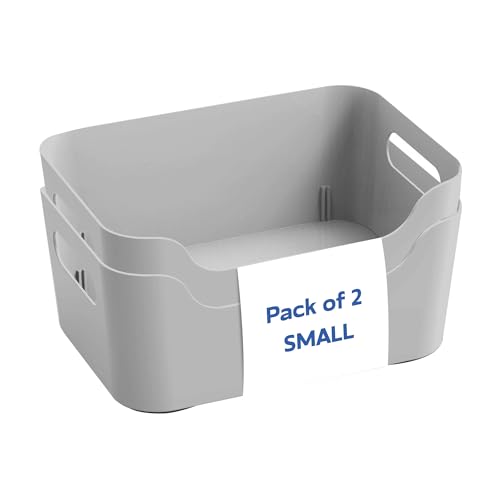 Image of KOLORR Jolly Plastic Small Baskets with Handle for Storage Box| Multipurpose Light Weight Plastic Baskets organiser for Make-up Stationary Cosmetics Kitchen Livingroom Bathroom | Pack of 2 - Grey