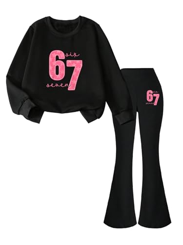 Image of WDIRARA Girl's 2 Piece Athletic Outfits Number Crewneck Sweatshirts with Flare Pants Sets