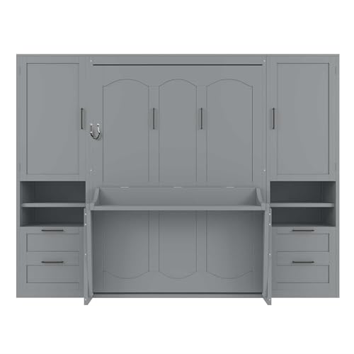 Image of Merax Full Size Murphy Bed with Desk, Closet, Drawers and Shelves, Multifunctional Foldable Wood Platform Bed Frame for Small Spaces Studio Study Office Guest Room, Space-Saving Design, Gray
