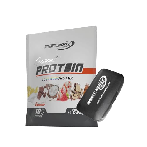 Best Body Nutrition 4 Komponenten Protein Gourmet 80 Mix, Mehrkomponenten Protein Pulver mit 80% Proteinanteil, Eiweißshake Mix 10 x 25g, mit Shaker und Tablettenbox
