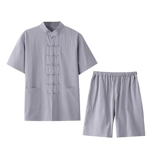 VIYUANH Completo Lino Uomo,Cotone Lino Tai Chi Set per Uomo - 2 Pezzi Cinese Tradizionale Tang Suit Arti Marziali Abbigliamento Camicias + Pantaloncini