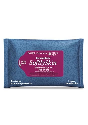 64Un Lenço Umedecido Demaquilante Softly Skin - Com Vitaminas - Suave, Eficaz e Ideal para Remoção de Maquiagem e Cuidados com a Pele