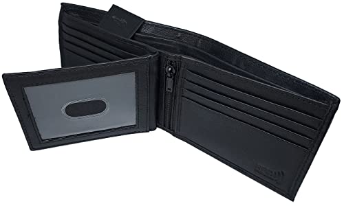 Paul & Taylor Mens RFID Protected Genuine Leather BiFold Wallet Center ID Flap 12 Credit Card Slots 3 Hidden Pocket 2 Zipper Compartment Divided Currency Compartment Key Holder #208 (Black), (P51208)