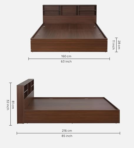 Image of Mintwud Pepperfry Solid Engineered Wood Seto Queen Size Bed with Box & Headboard Storage | Space Saving Wooden Palang | Suitable Furniture for Living Room, Bedroom, Hotel (Planked Walnut Finish)