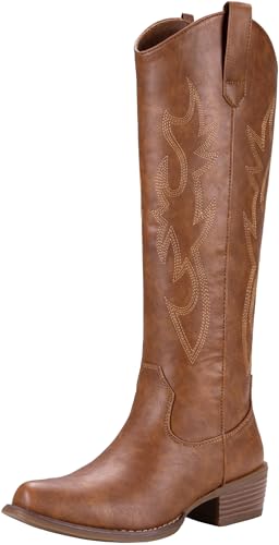 Jeossy Women's Cowboy Boots Embroided Western Cowgirl Boots Square Toe Knee High Pull on Wide Calf Shoes with Inside Zipper