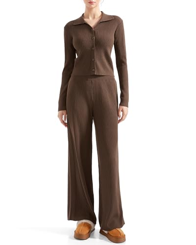 SUUKSESS Women Knit Long Sleeve Lounge Sets Ribbed Matching Comfy Two Piece Sets