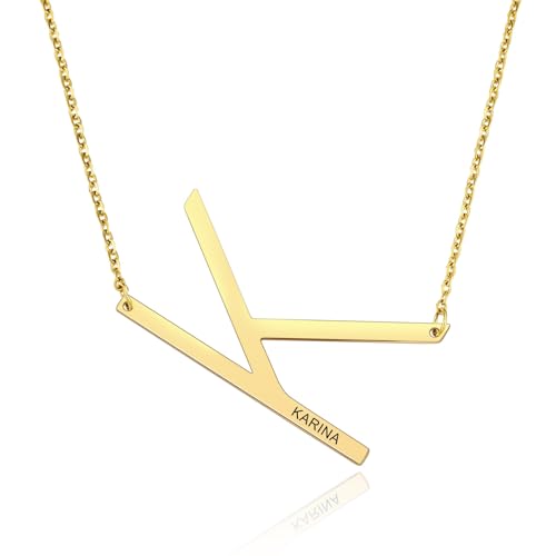 INBLUE Personalized Sideways Initial Necklaces for Women Girlfriend Custom Engraved Name Stainless...