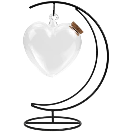 Cabilock Glass Wishing Bottle with Lid and Iron Rack 10.23X7.08X4.72In Heart-Shaped Origami Container Decorative Clear Glass Jar for Home Desktop Adornment and Gift