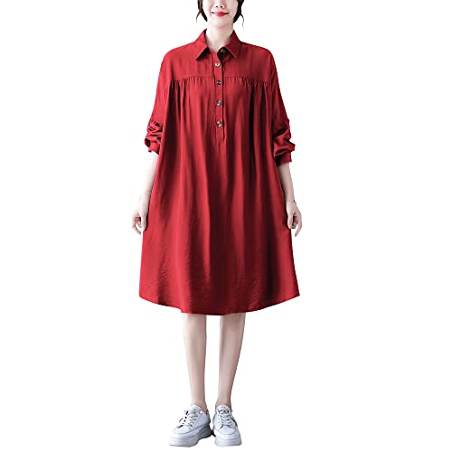 Versear Women Button Up Shirts Dress Turn Down Collar Casual Long Sleeves Oversized Dress Pleated Loose Boho Swing Dress Red