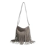 Vintage Fringe Shoulder Bag Purse - Tassels Retro Crossbody Tote Aesthetic Grunge Handbag Faux Suede Bag Women (Grey)