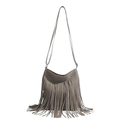 Vintage Fringe Shoulder Bag Purse - Tassels Retro Crossbody Tote Aesthetic Grunge Handbag Faux Suede Bag Women (Grey)