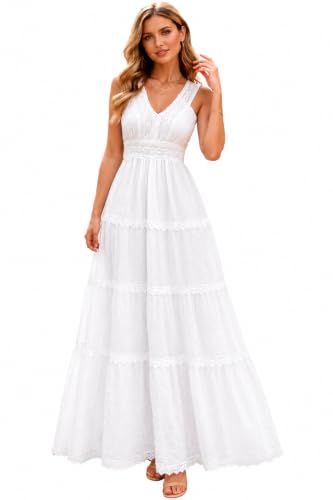 Women's White Lace Maxi Dress | Sleeveless Tiered Bohemian Beach Dress