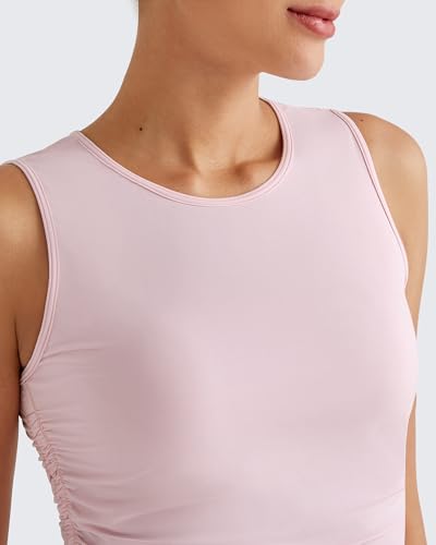 Image of G4Free Skimetic Workout Tank Tops for Women Side Ruched Sleeveless High Neck Crop Top Summer Athletic Gym Shirts