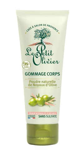 LE PETIT OLIVIER - Gommage Corps - Poudre Naturelle de Noyaux d'Olive - Exfolie, Lisse & Adoucit - Peaux Normales à Sèches - 98% d'Origine Naturelle - Sans Sulfate - Fabriqué en France - 200 ml
