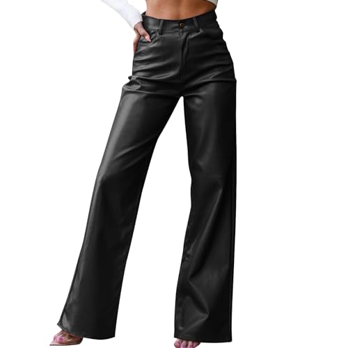 WZMYDBD Lederhose Damen Baggy Y2k Wide Leg Hose High Waist Langer...