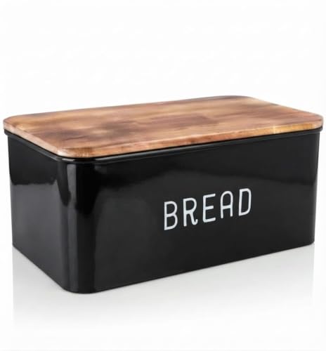 Image of Metal Bread Box Set | Airtight Bread Storange Box For Kitchen Bread Dispenser Food Grade Storage Box with Wooden Lid - 4 litre
