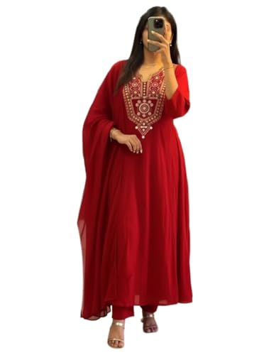 Image of ANNI Designer Women Viscose Embroidered Anarkali Kurta with Palazzo and Dupatta | Ladies Kurta Palazzo Dupatta Set | Ethnic Wear Indian Traditional Clothing for Women