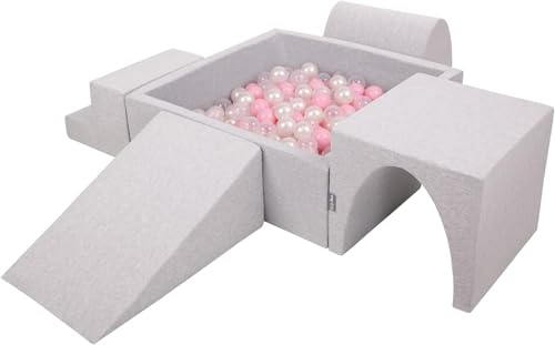 KiddyMoon Aire De Jeux en Mousse avec Carré Piscine À Balles (300 Balles) pour Enfants, Gris Clair: Rose Poudré/Perle/Transparent