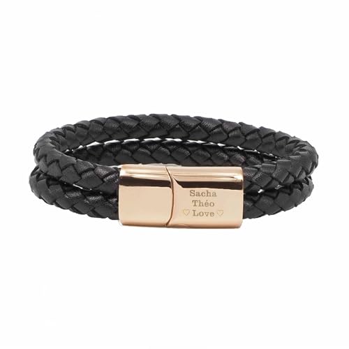 Bracelet homme en cuir tressé noir double tour boucle rosée, cadeau parfait fête des pères