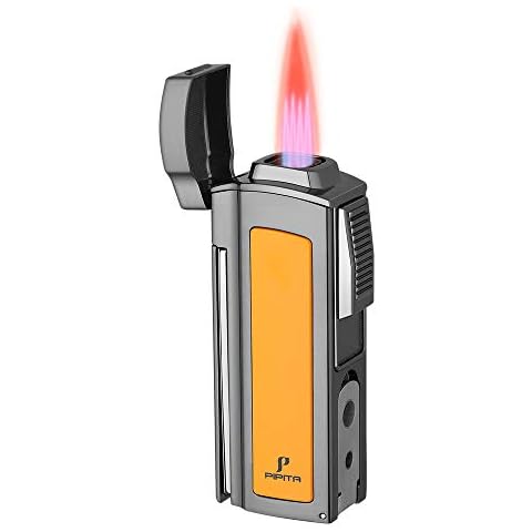PIPITA Windproof Cigar Lighter Torch Metal Gas Cigarette Butane Lighter Jet Quad Blue Flame Refillable Lighter with Two Punch Cover